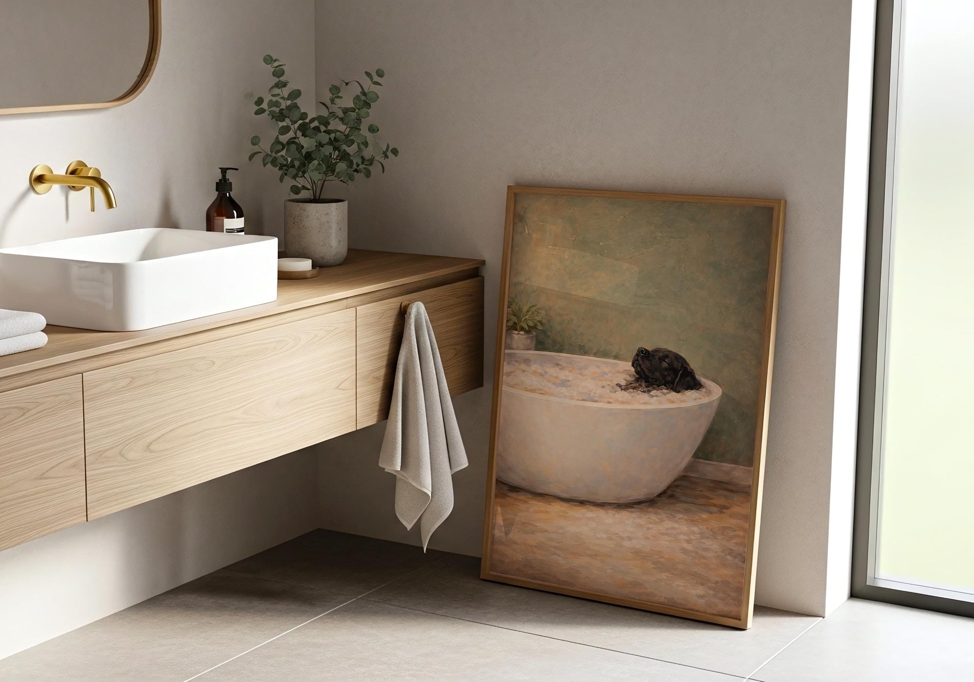 Labrador soaking in tub artwork, modern bathroom wall art