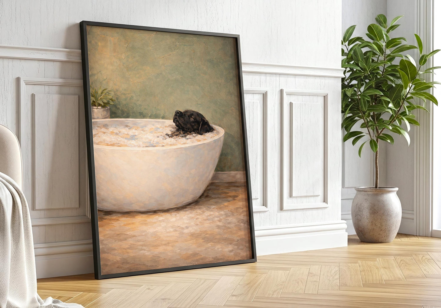 Minimalist dog bath illustration, calming neutral home decor