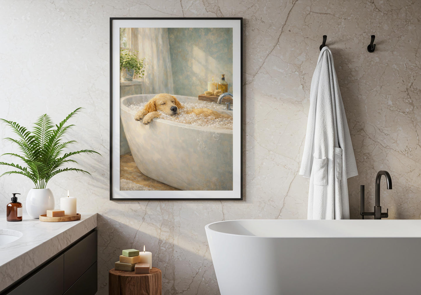 Golden retriever bathroom wall art, relaxing home decor print
