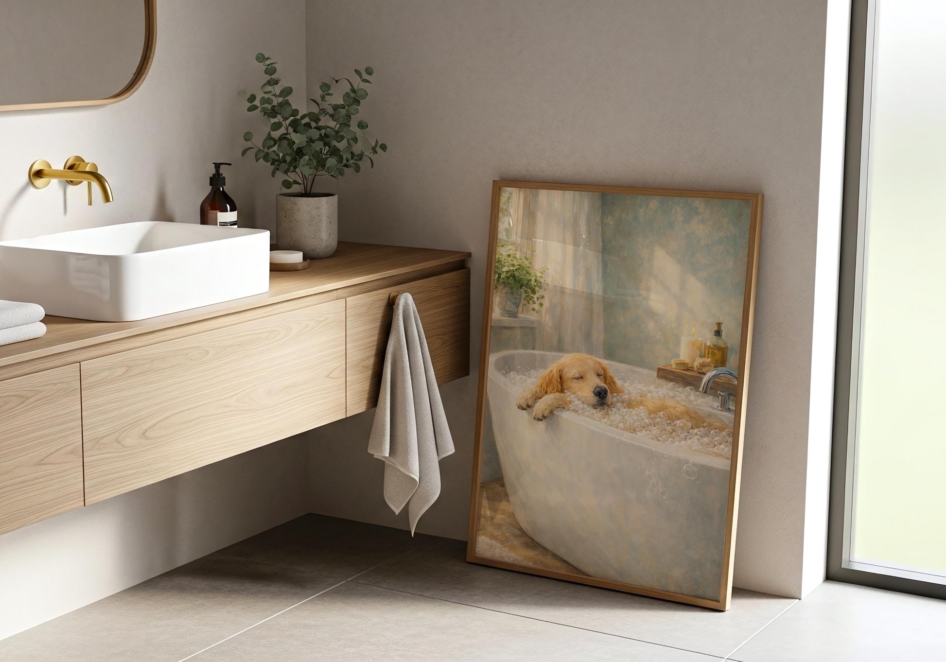 Dog relaxing in bathtub illustration, spa style home wall art