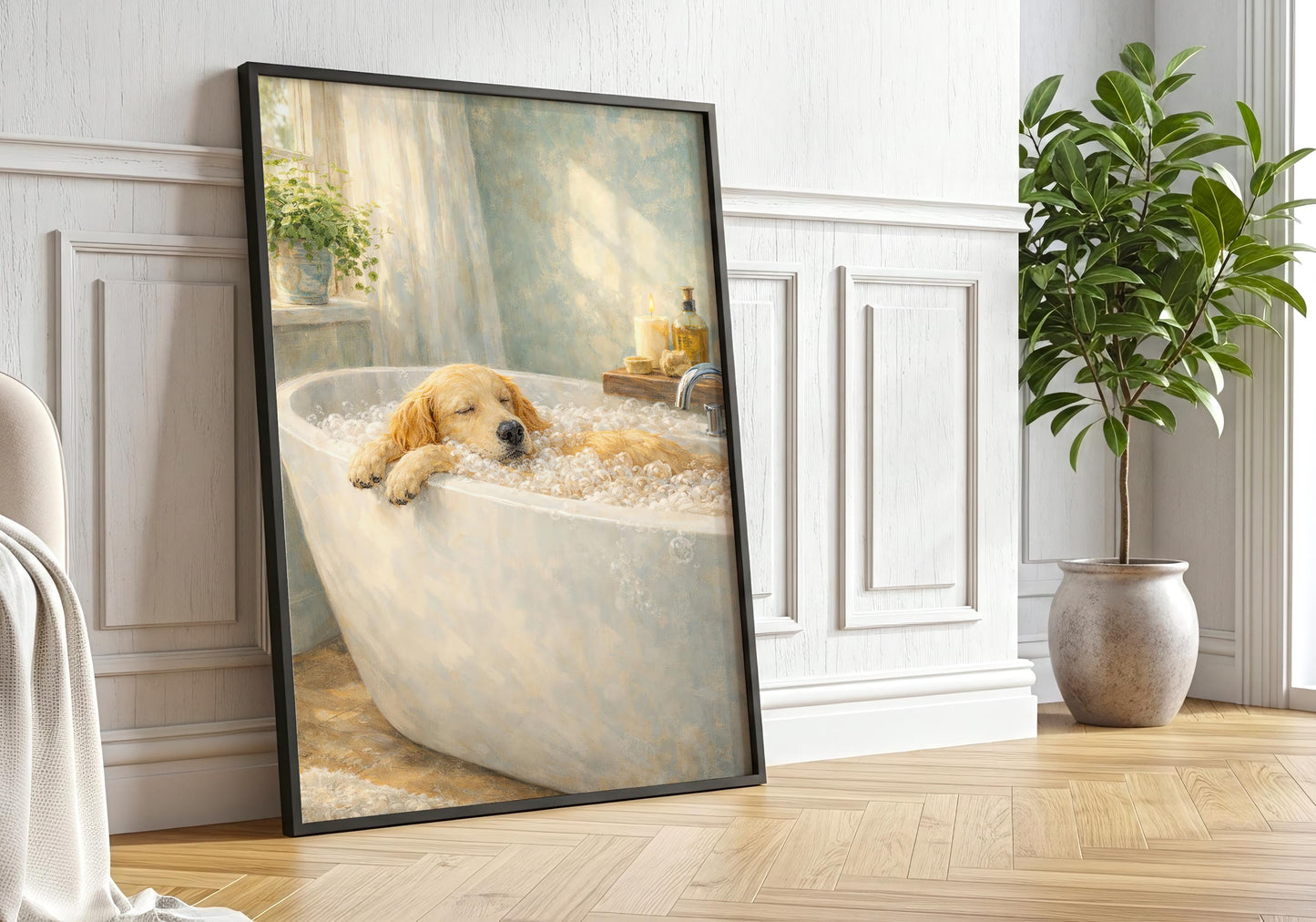 Golden retriever in bubble bath wall art, cozy bathroom decor print