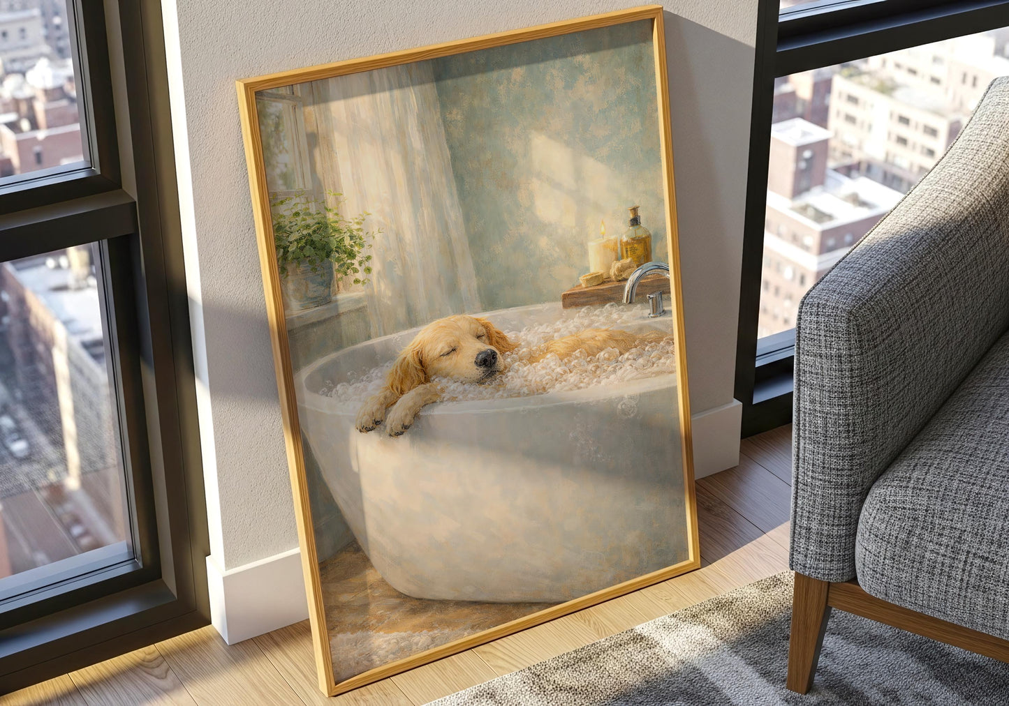 Dog in bubble bath artwork, cozy spa aesthetic wall art
