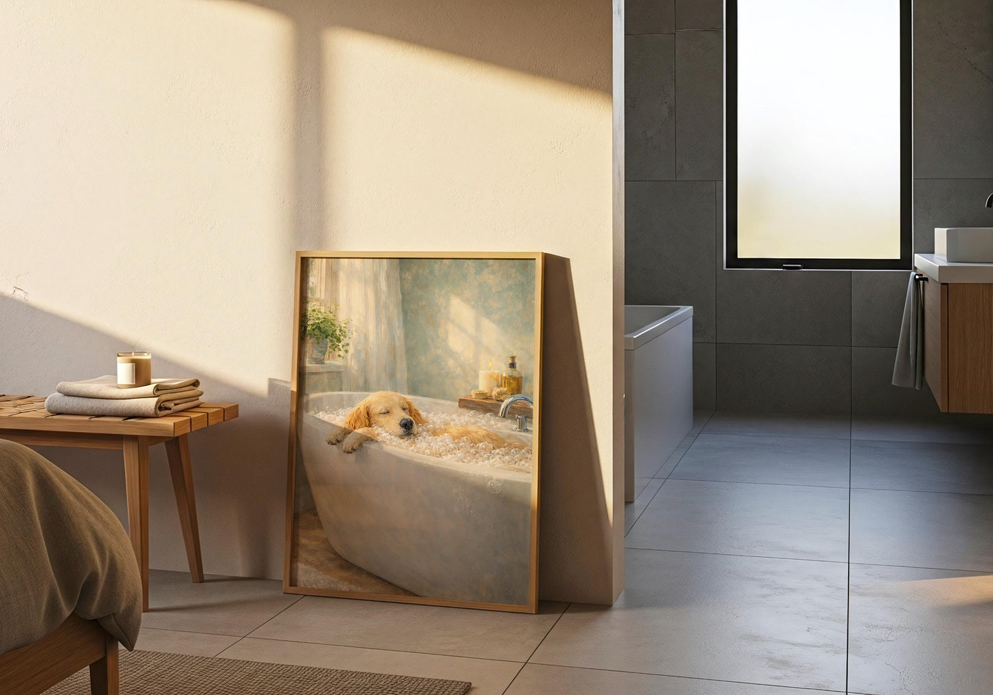 Cute golden retriever bath print, calming bathroom decor