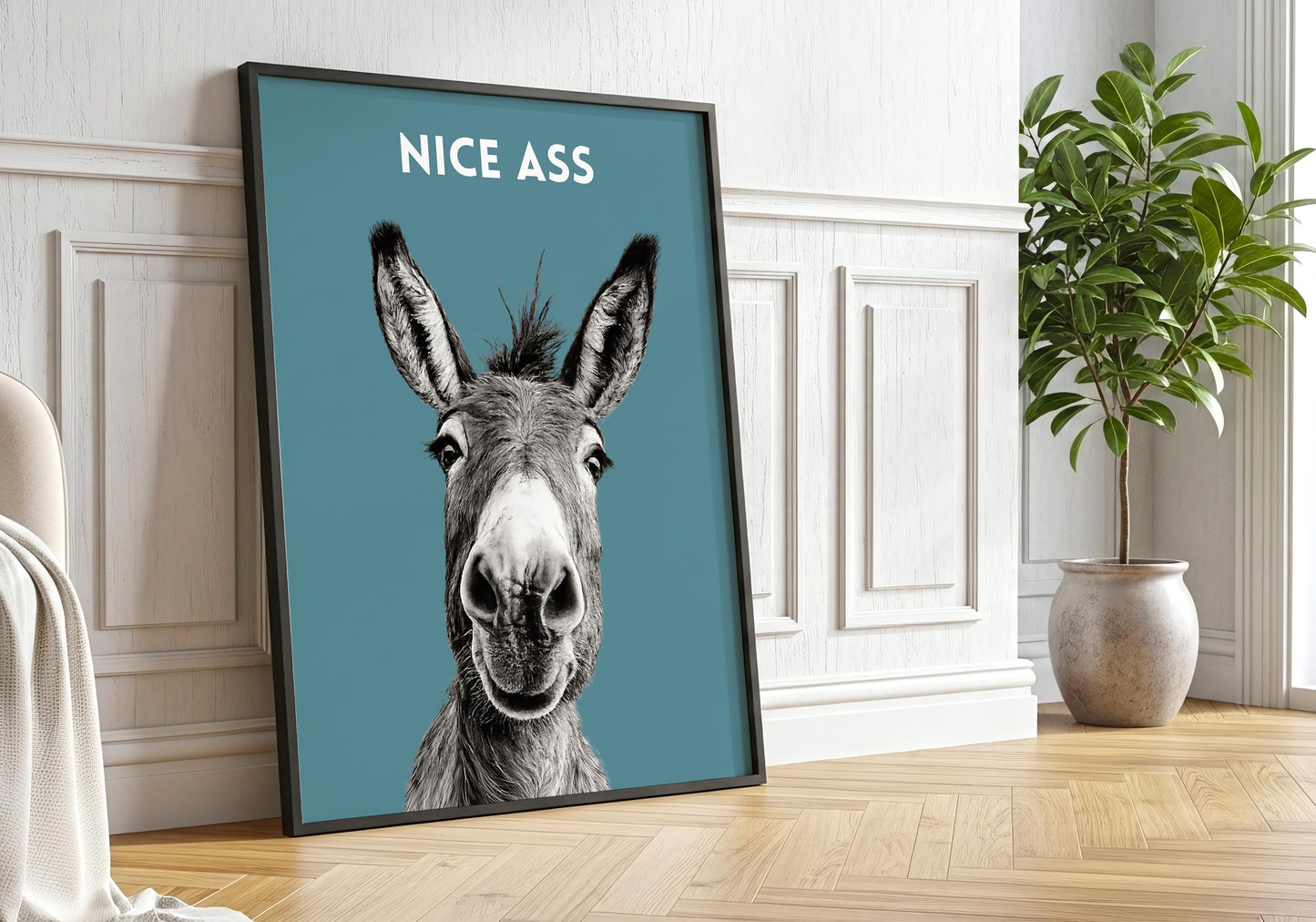 Donkey wall art with humorous nice ass text for bathroom decor