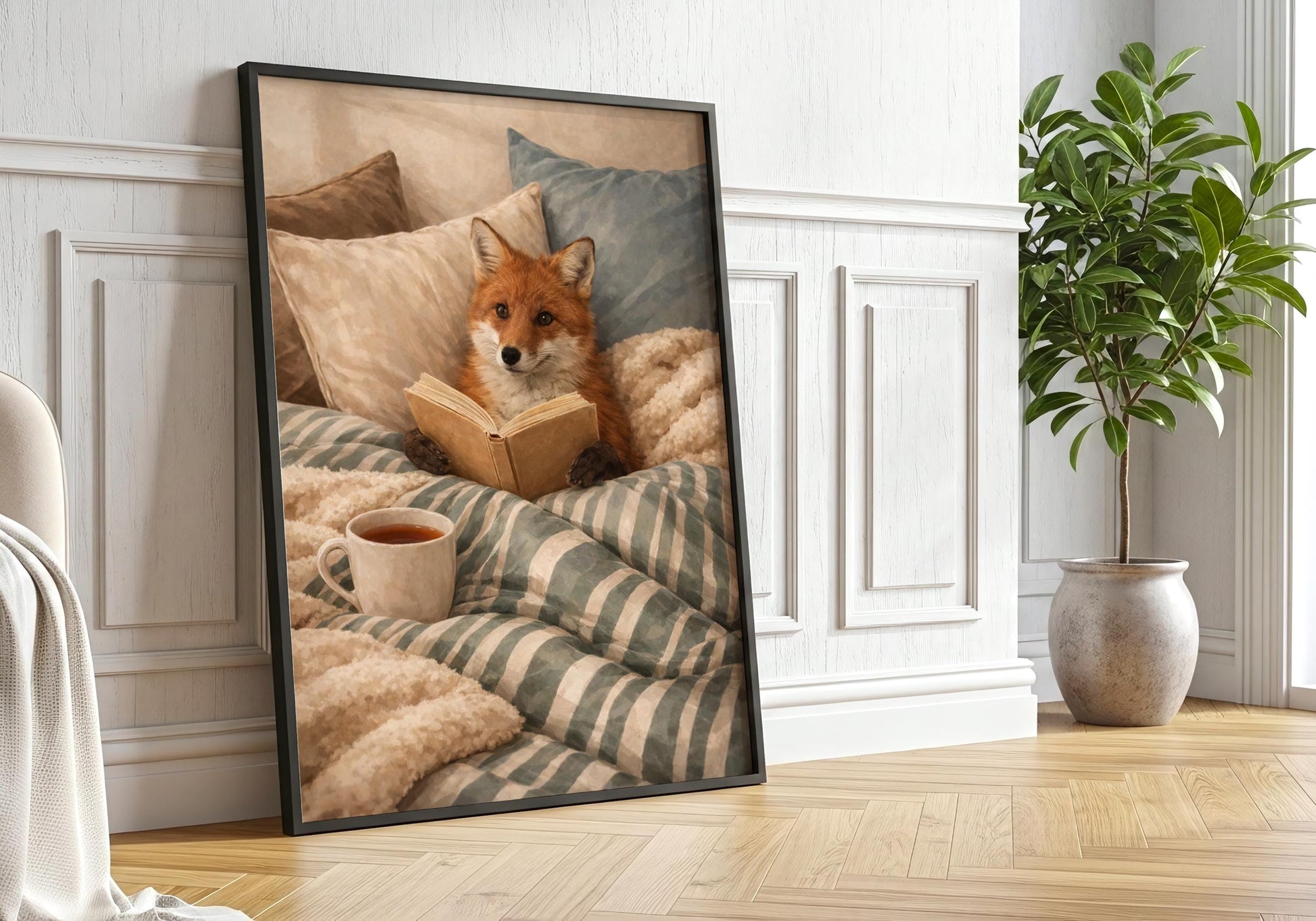 Cute fox reading book print for book lover decor