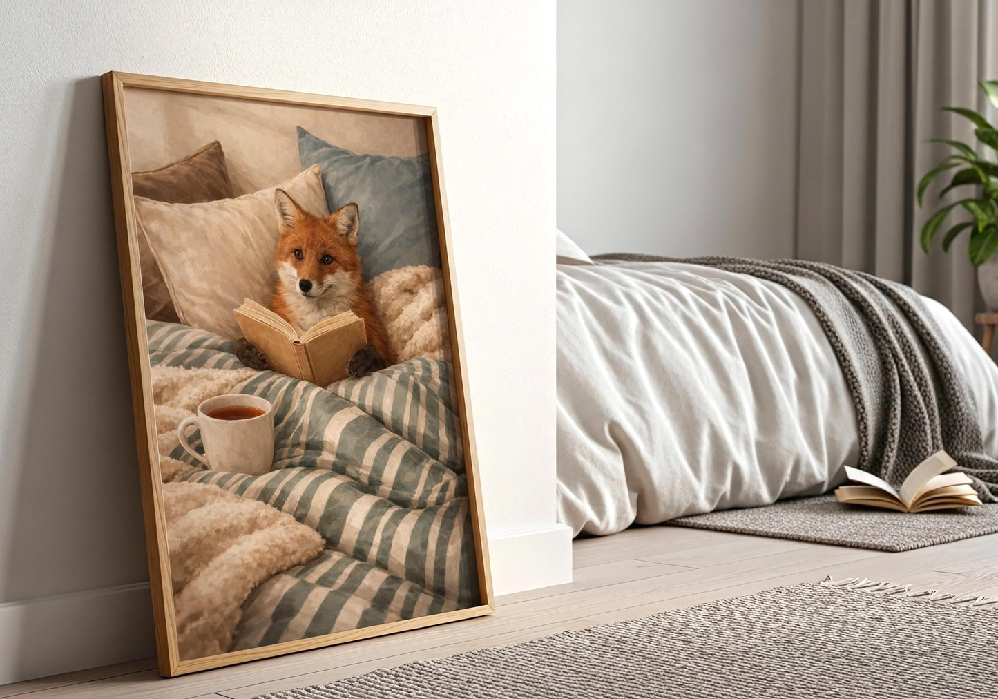 Animal reading art print fox with book cozy decor