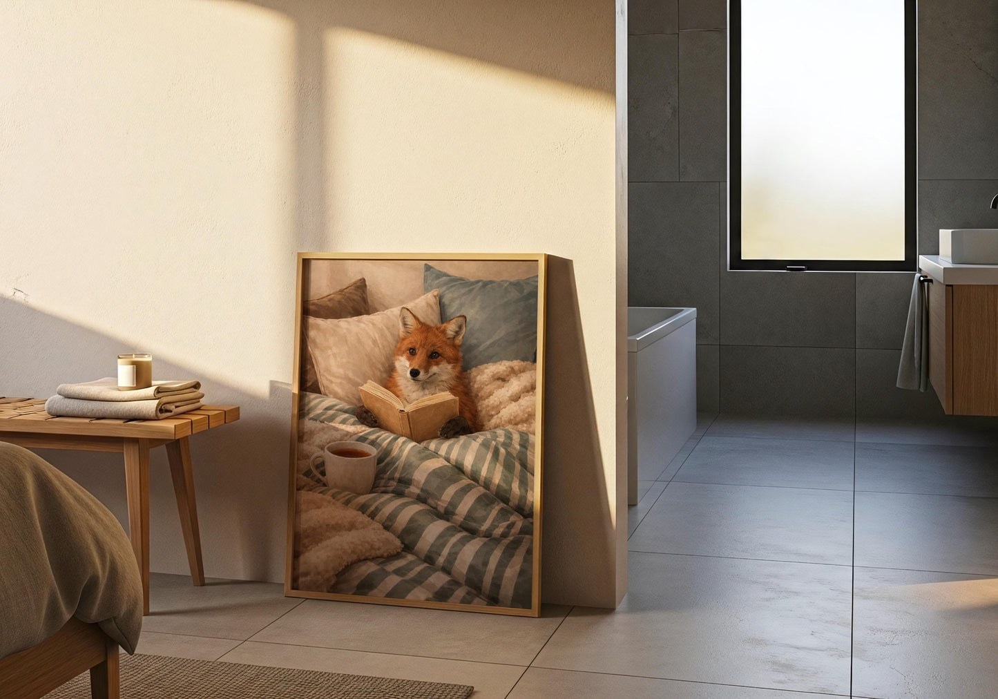 Fox library wall art reading book cozy home print