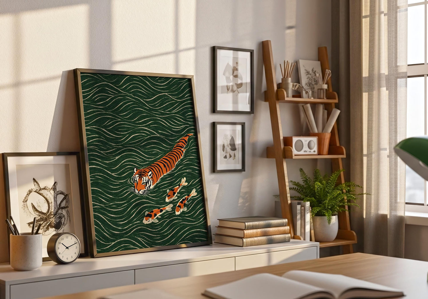 Asian decor tiger print with water waves and koi fish