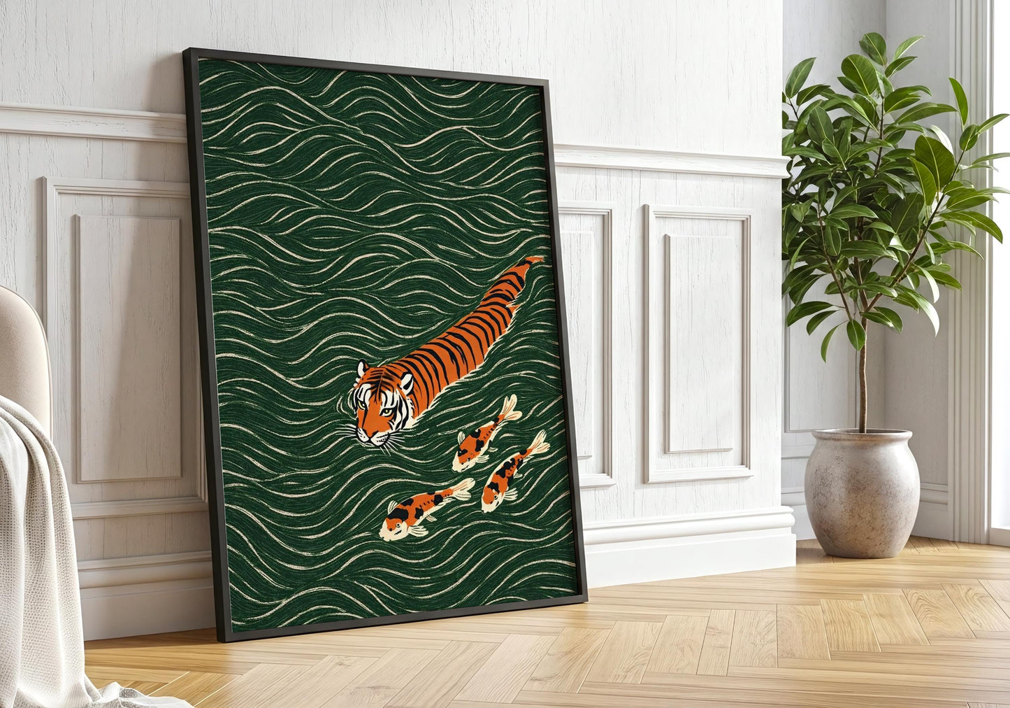 Tiger and koi fish Japanese wall art green wave pattern poster