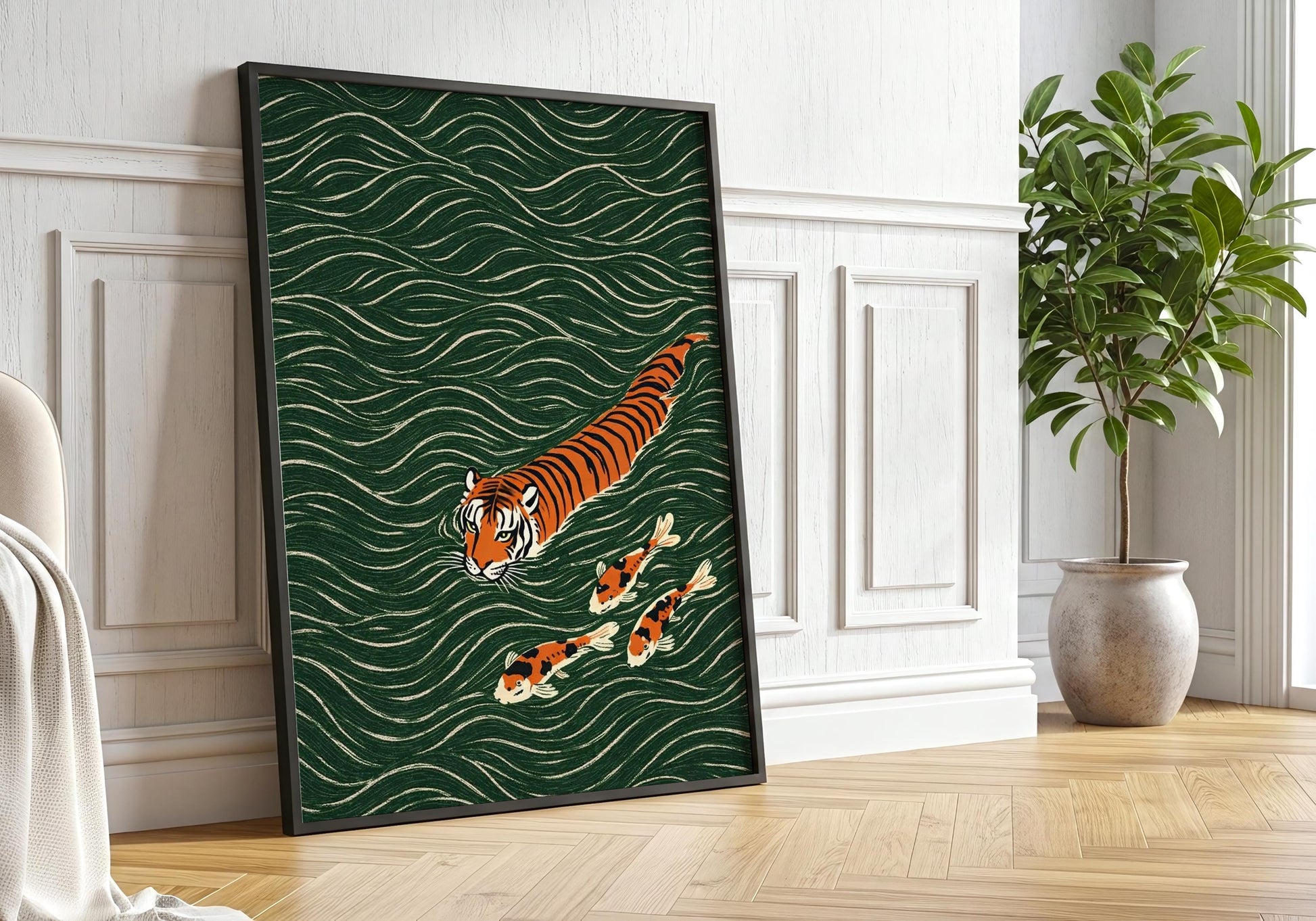 Tiger and koi fish Japanese wall art green wave pattern poster