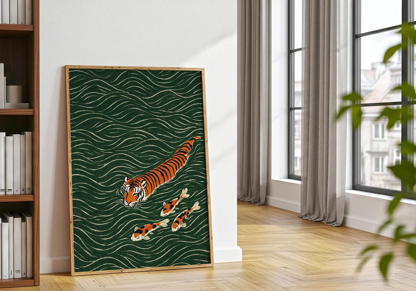 Japanese animal art tiger swimming with fish minimalist design