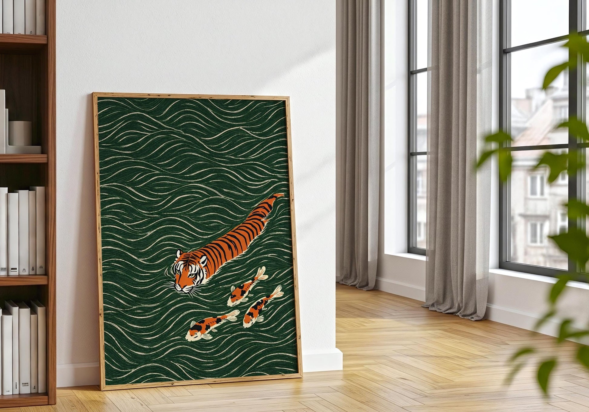 Japanese animal art tiger swimming with fish minimalist design