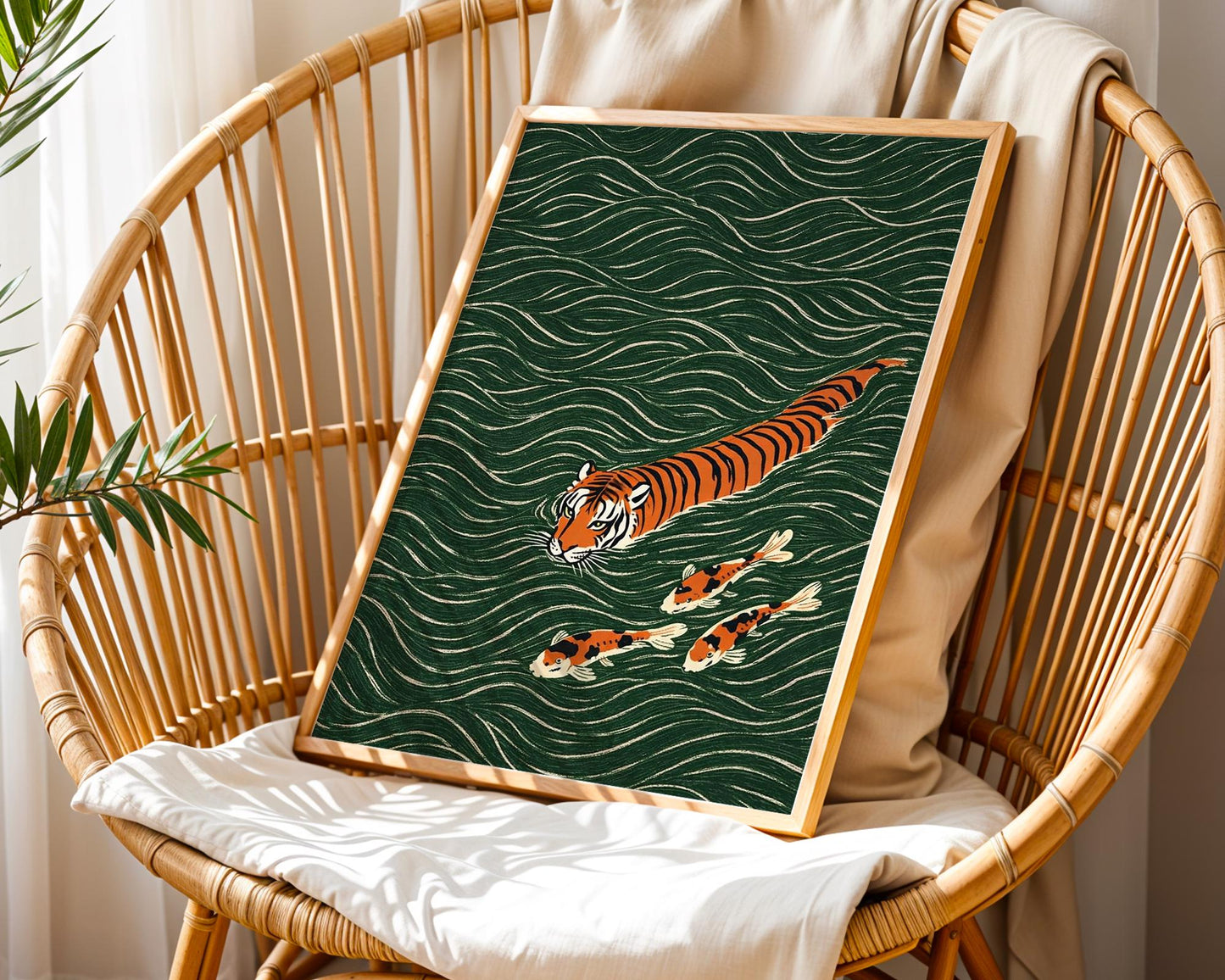 Japanese koi fish and tiger illustration print green wave background
