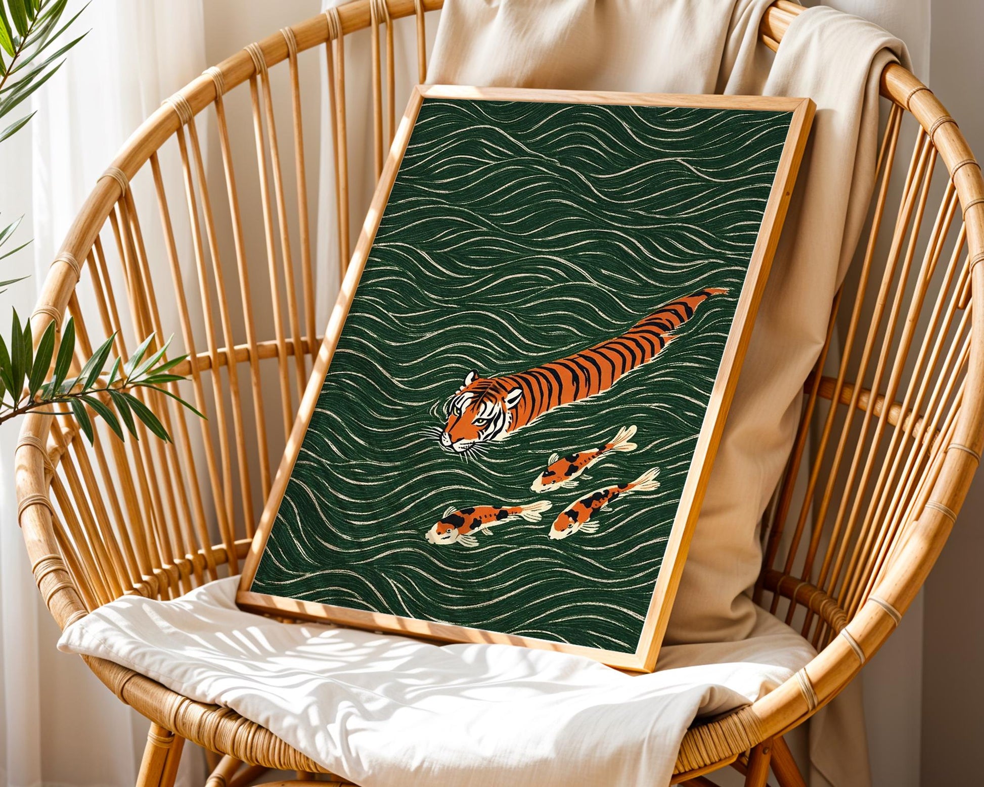 Japanese koi fish and tiger illustration print green wave background