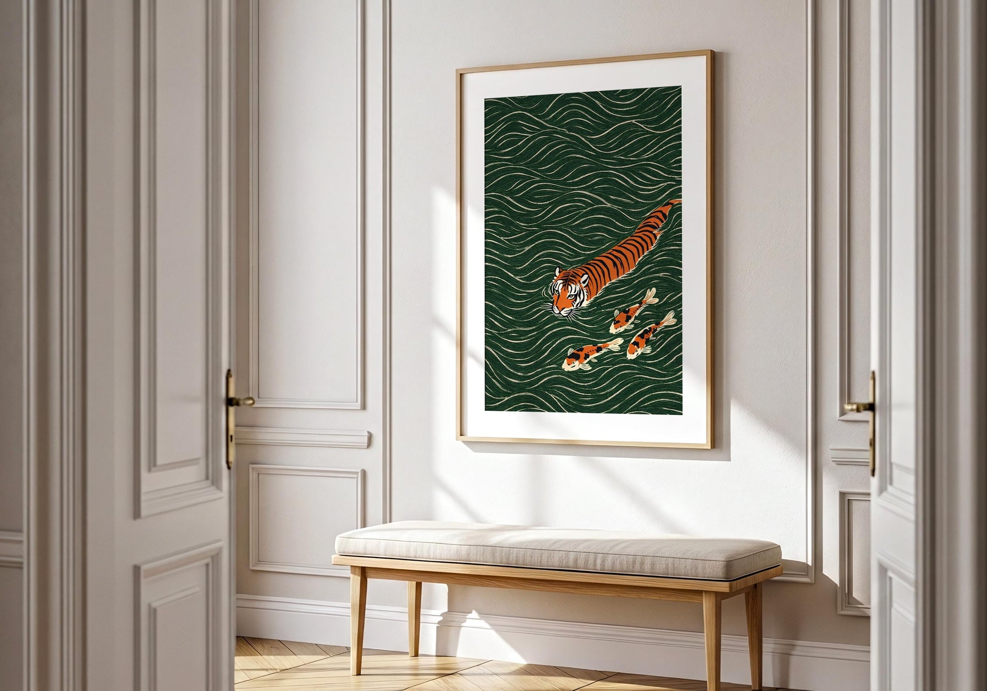 Tiger swimming artwork Japanese style wall art with fish