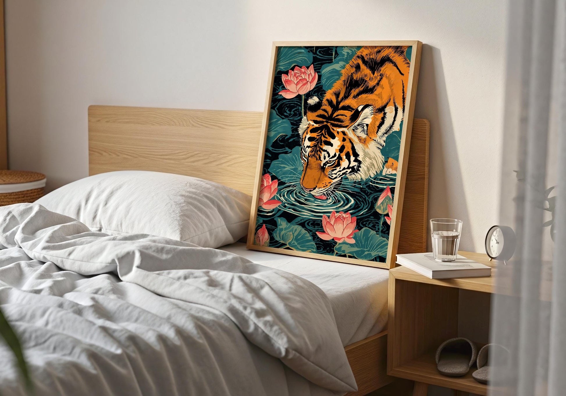 Japanese tiger floral artwork with water and lotus plants