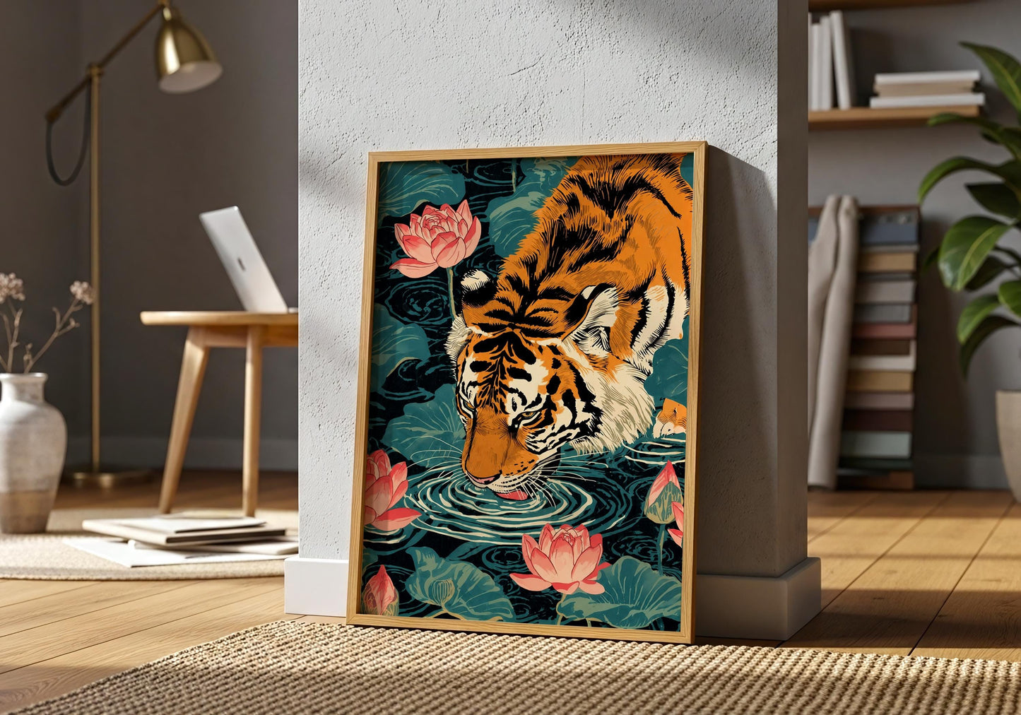 Floral tiger wall art Japanese style botanical illustration
