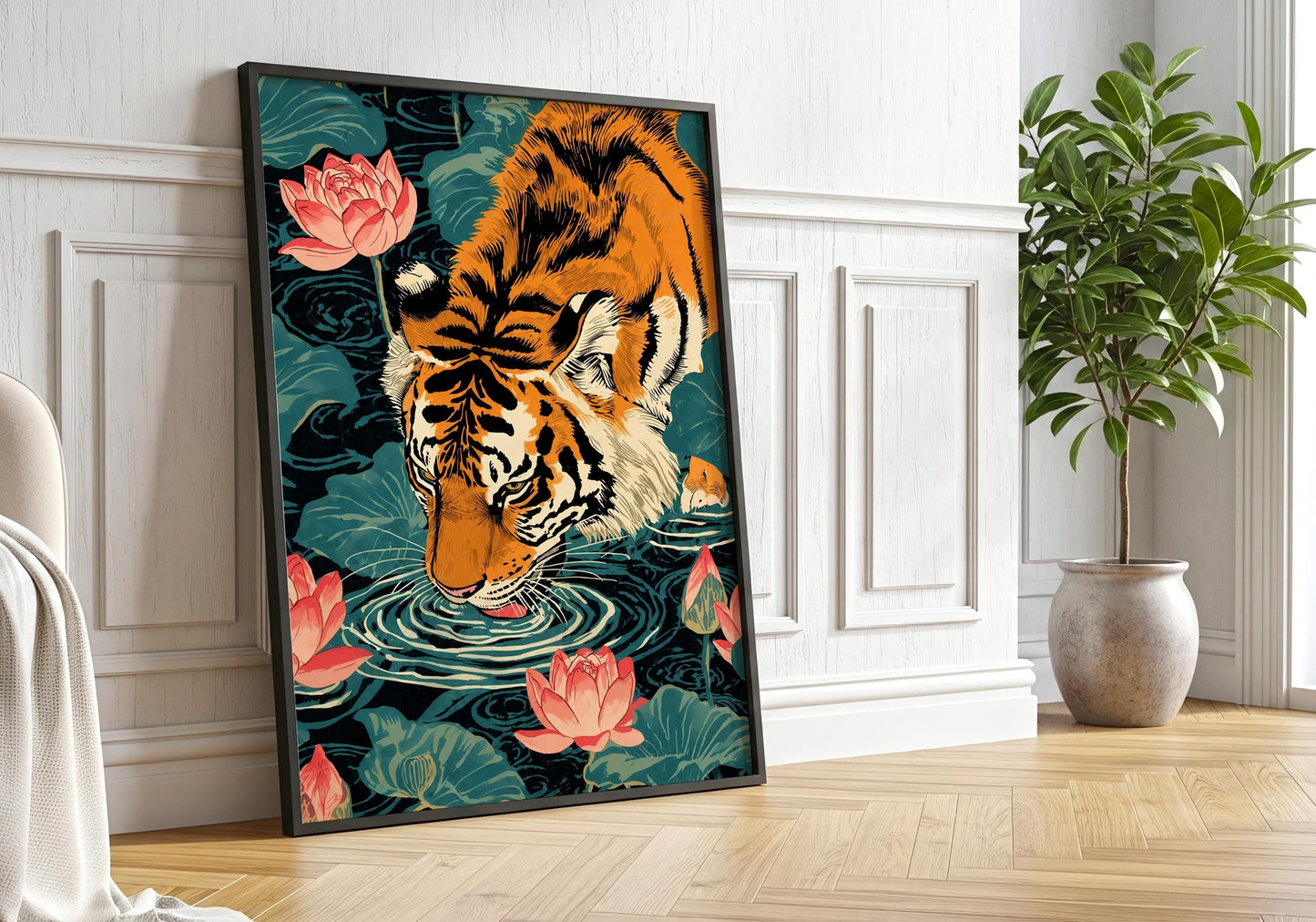 Tiger drinking water with lotus flowers Asian decor poster