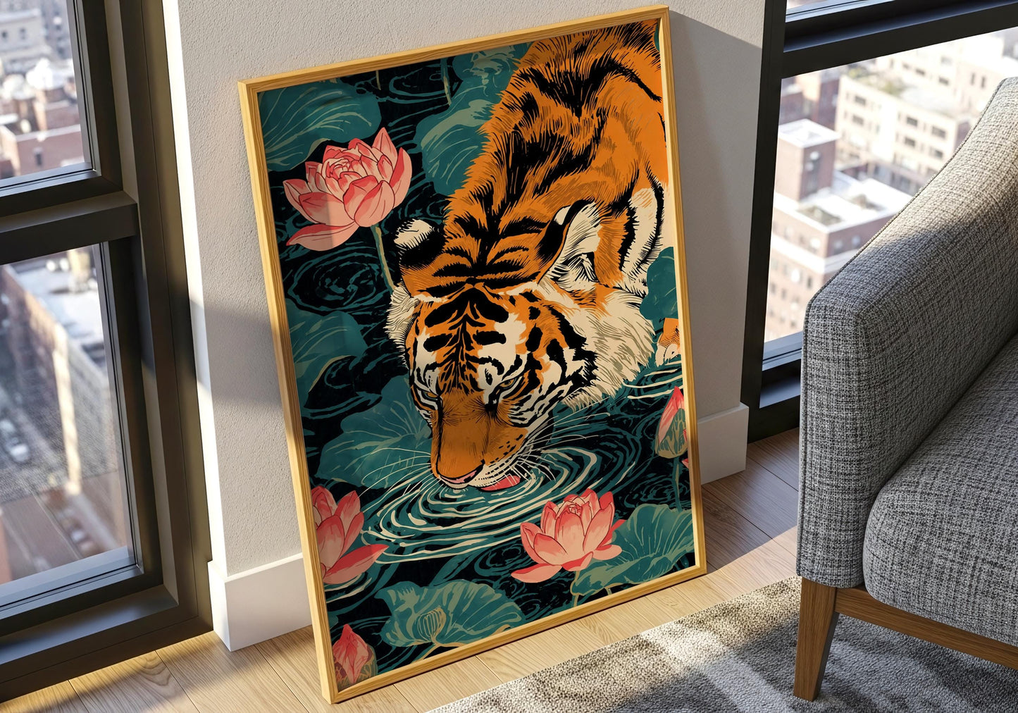 Botanical tiger wall art print with lotus flowers and pond