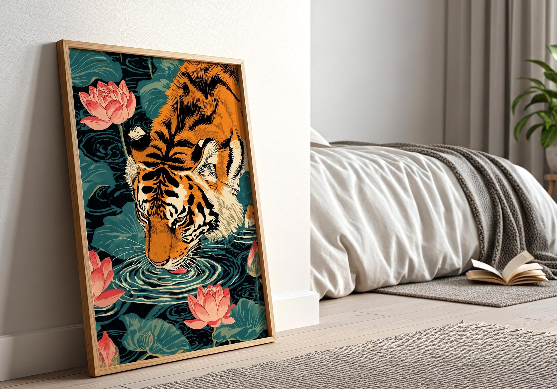 Decorative tiger wall art with floral elements and water
