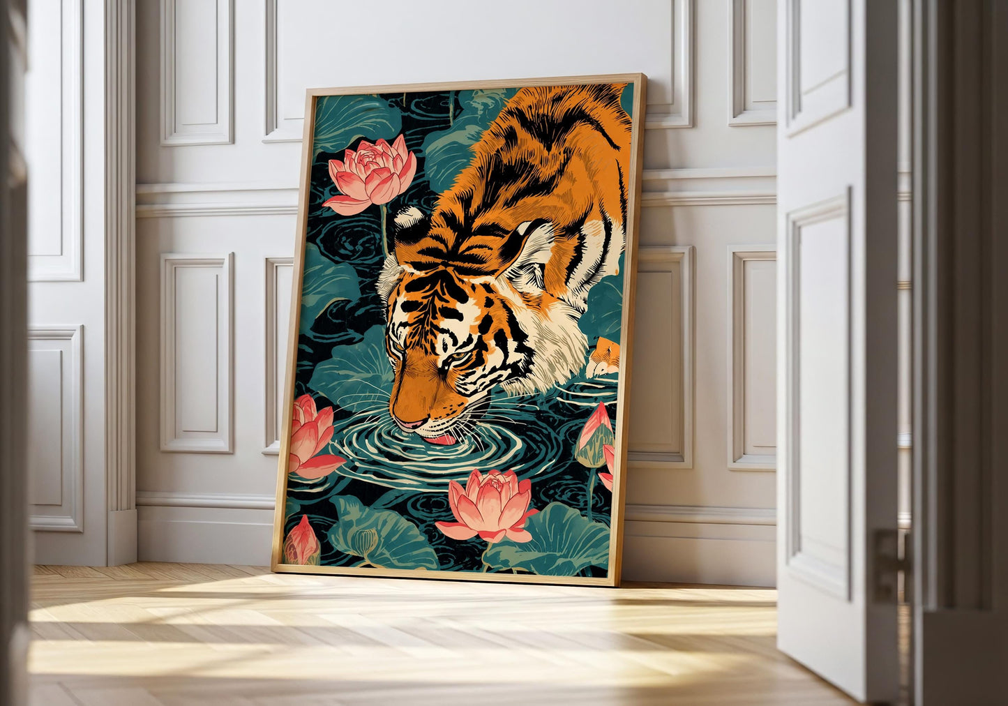 Japanese tiger with lotus flowers wall art floral botanical print