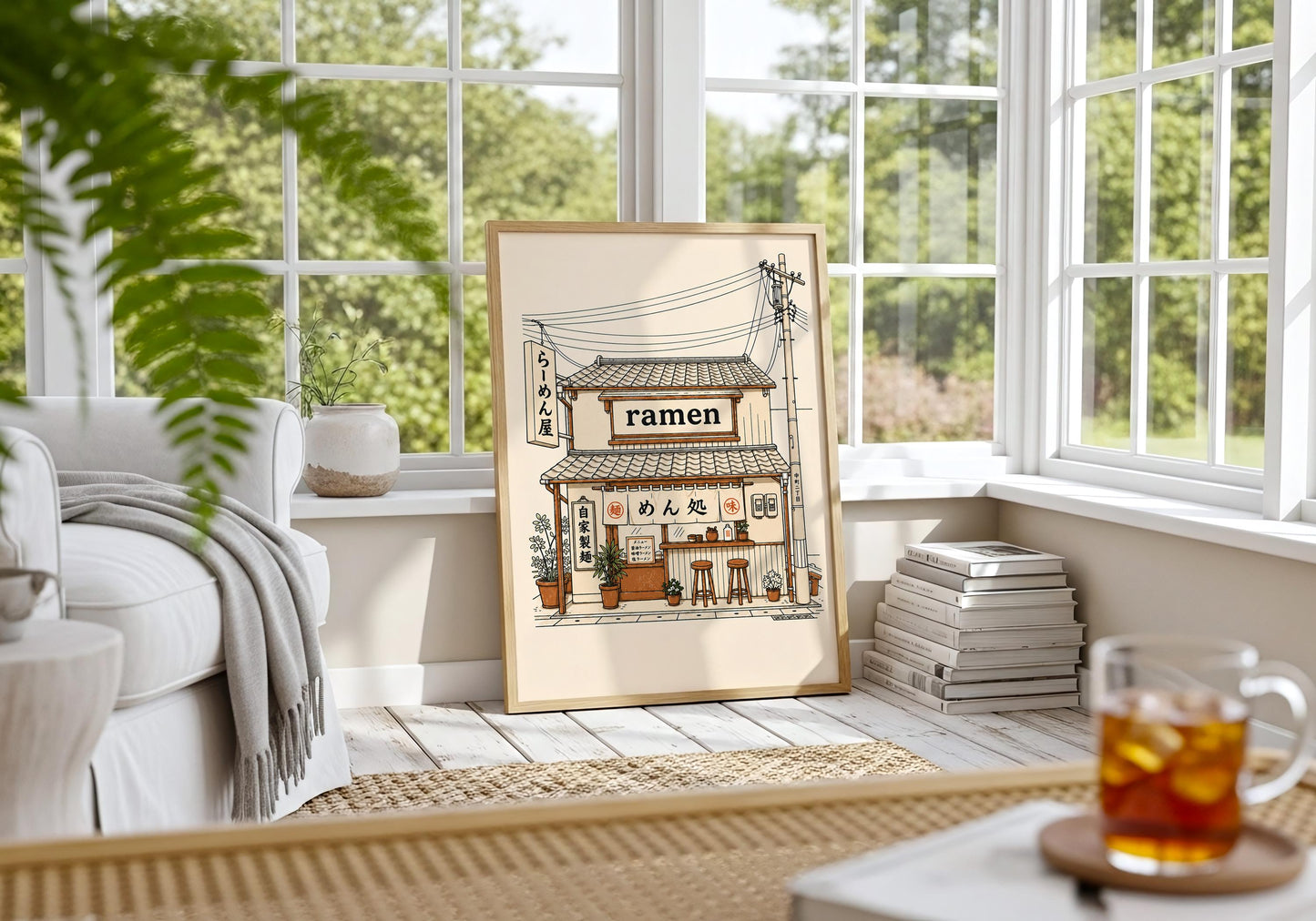 Minimalist Japanese café illustration print with vintage aesthetic