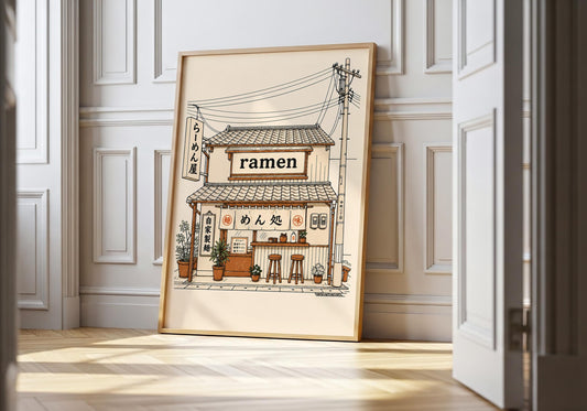 Japanese ramen shop wall art print in neutral beige minimalist style