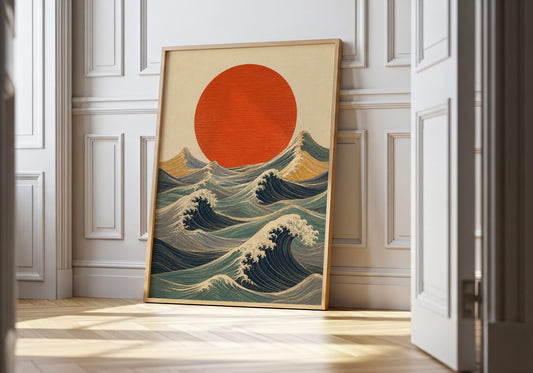 Japanese wave wall art print with rising sun and ocean waves