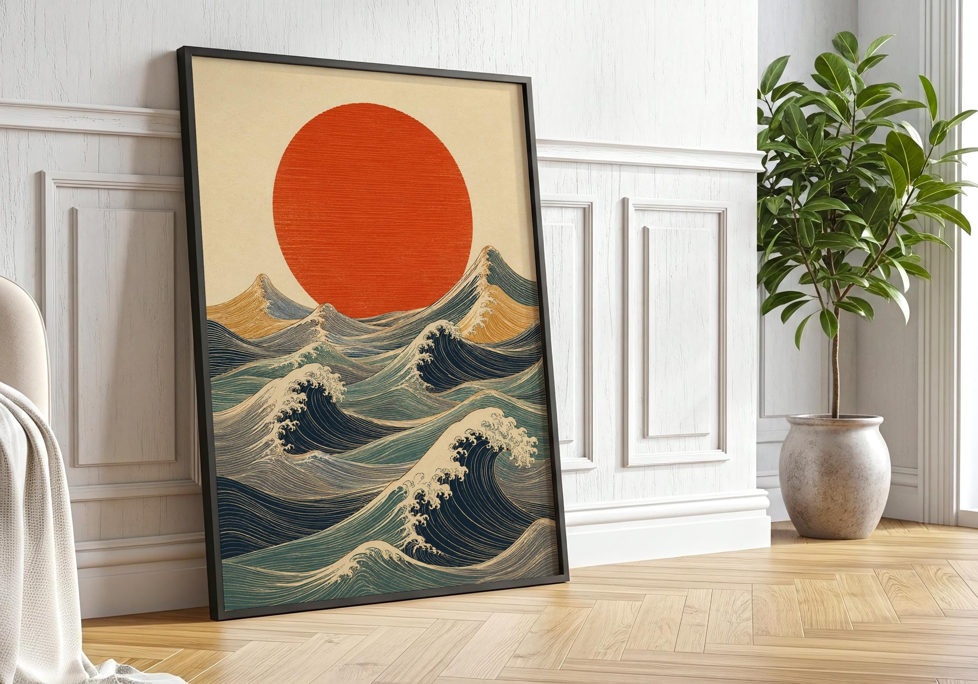Ukiyo-e inspired Japanese ocean poster in neutral coastal colours