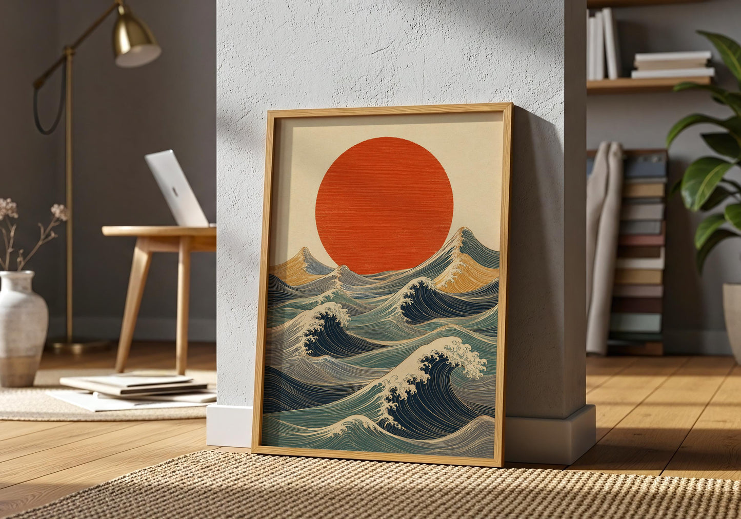 Japanese sun and ocean wave poster for zen living room decor