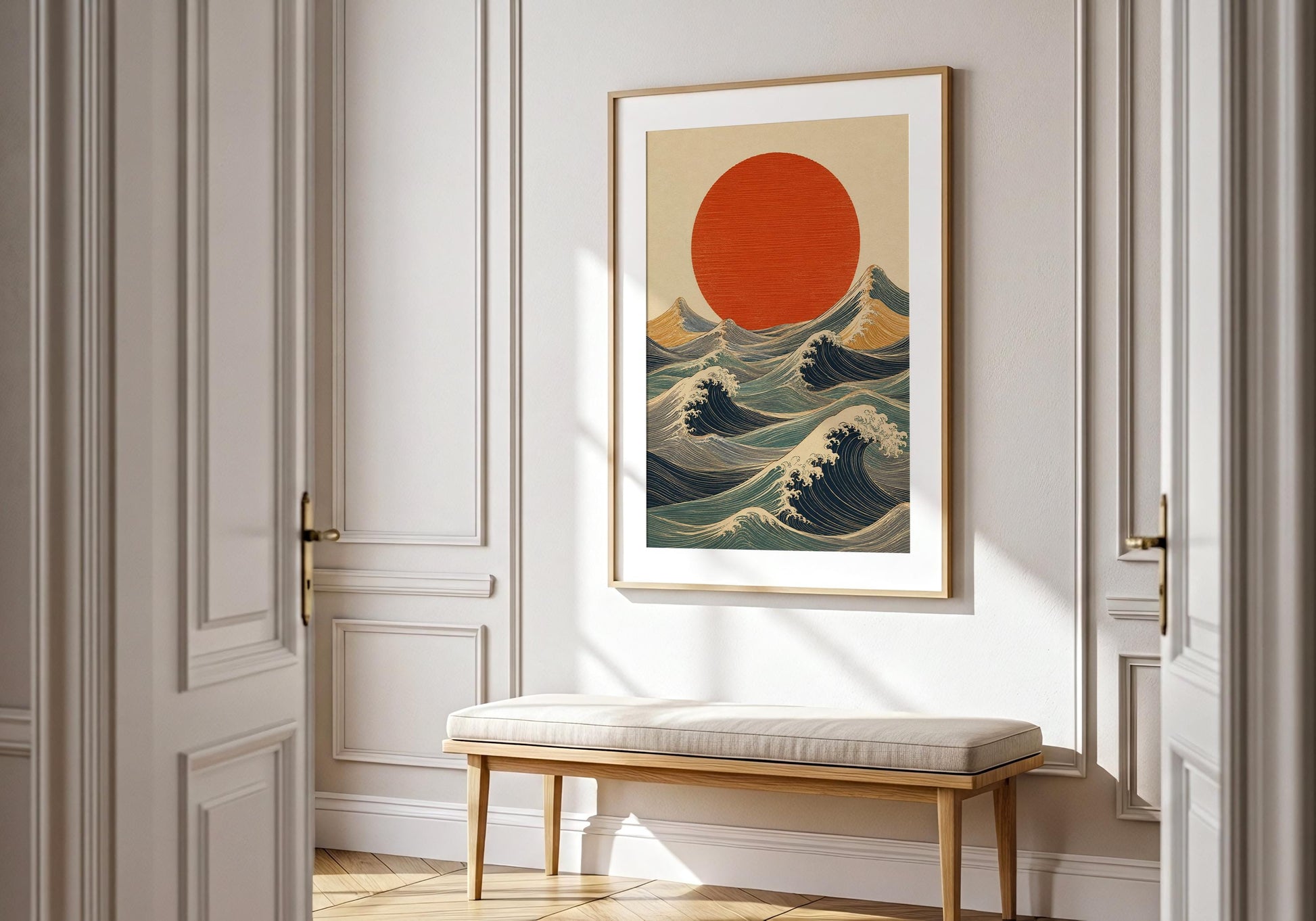 Modern Japanese ocean wall art with retro rising sun aesthetic