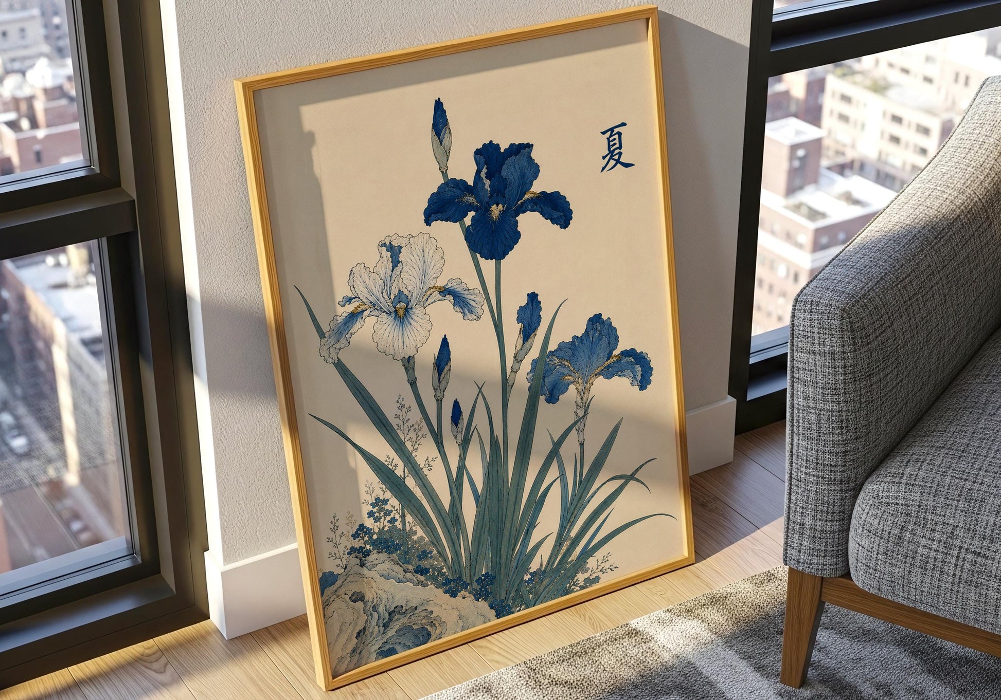 Minimalist Japandi wall decor with elegant summer iris blooms