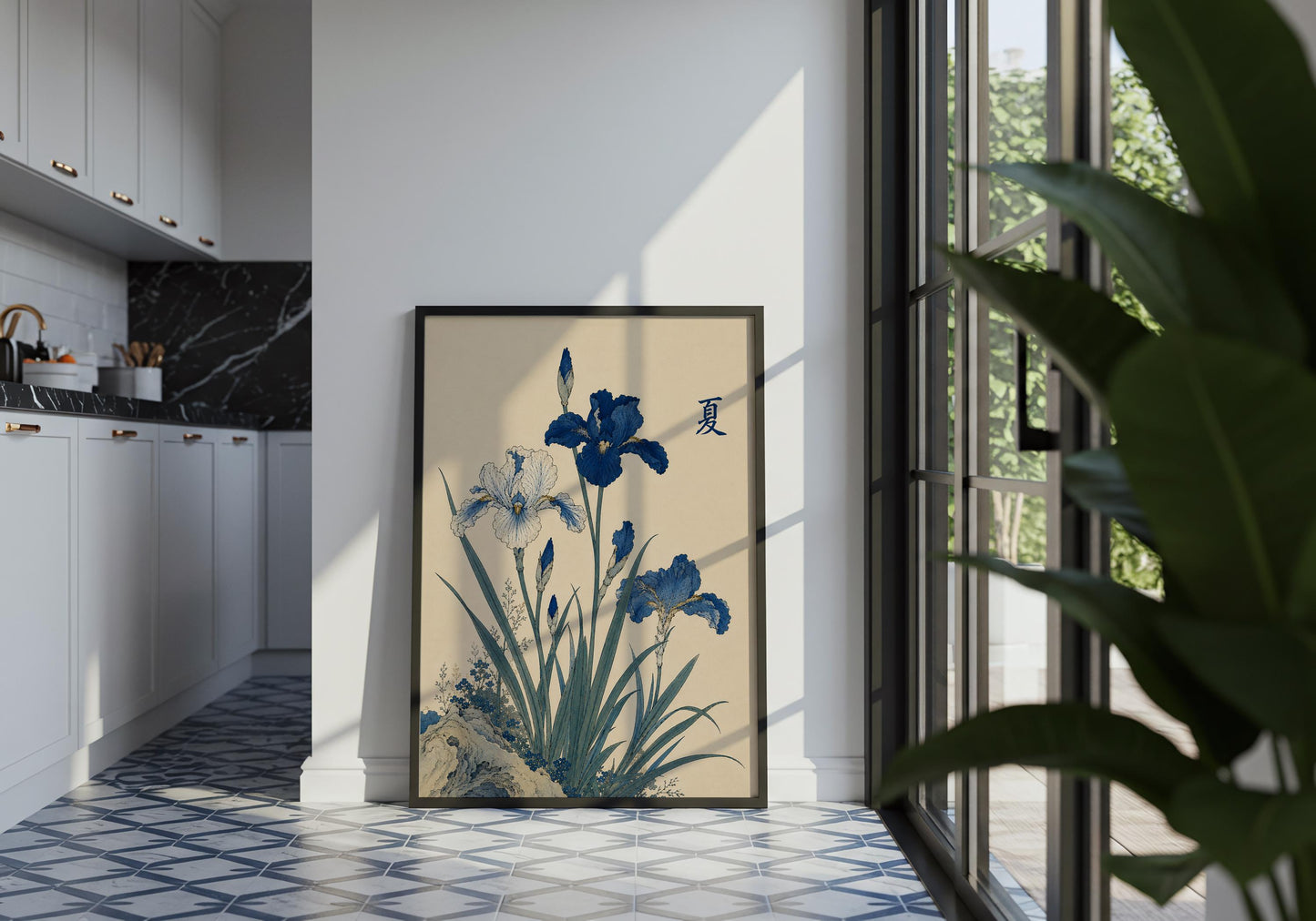 Asian inspired floral print with detailed iris flowers and foliage