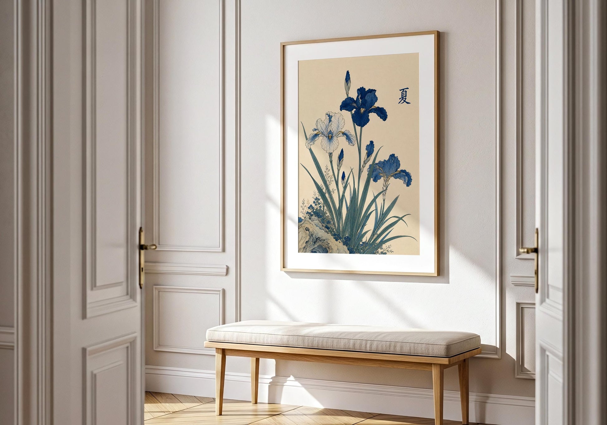 Vintage inspired blue floral illustration for bedroom and living room decor