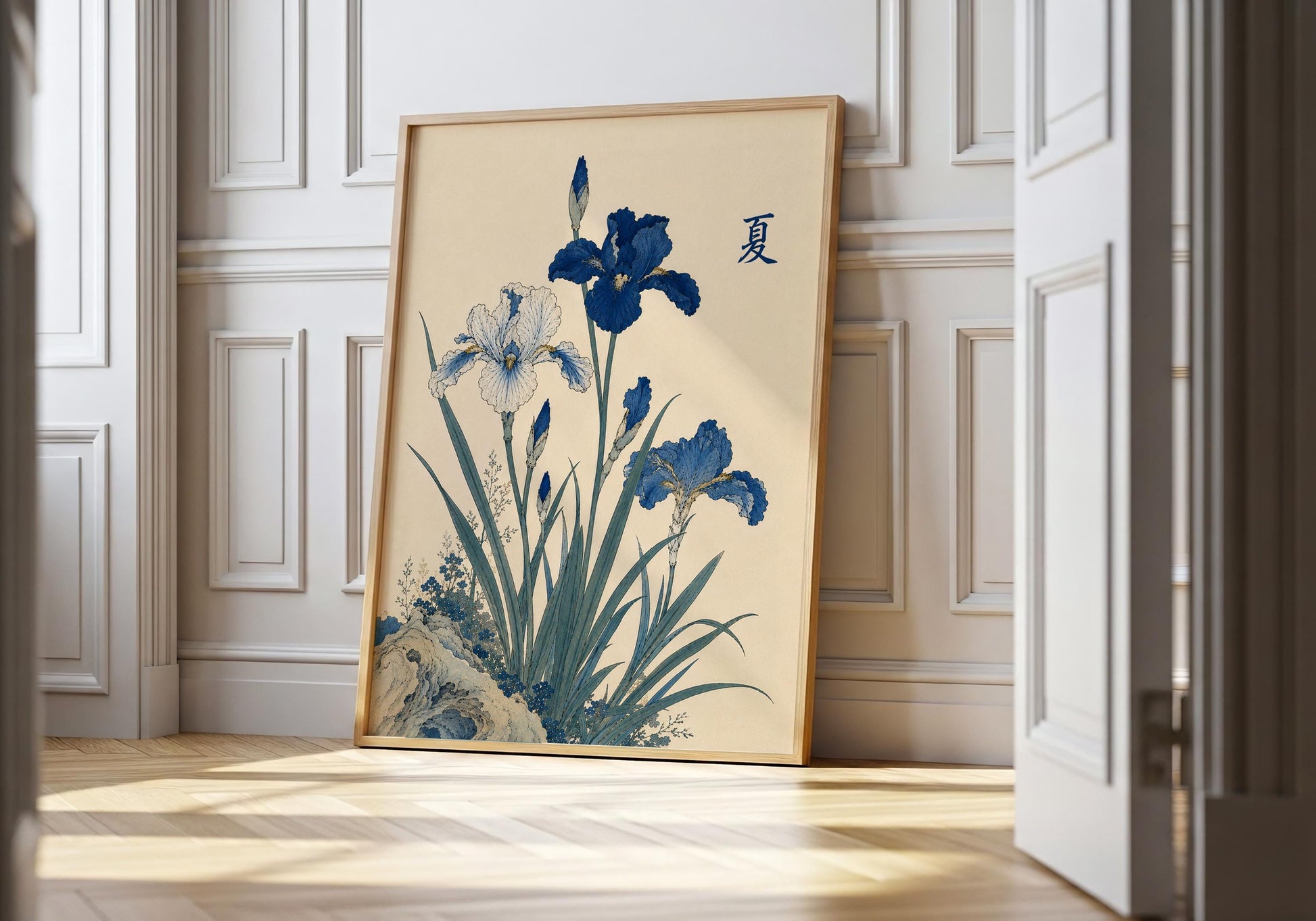 Japanese iris botanical print with blue and white flowers on a neutral background