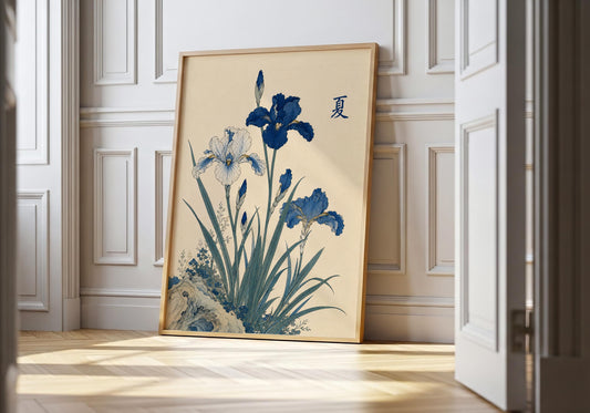 Japanese iris botanical print with blue and white flowers on a neutral background