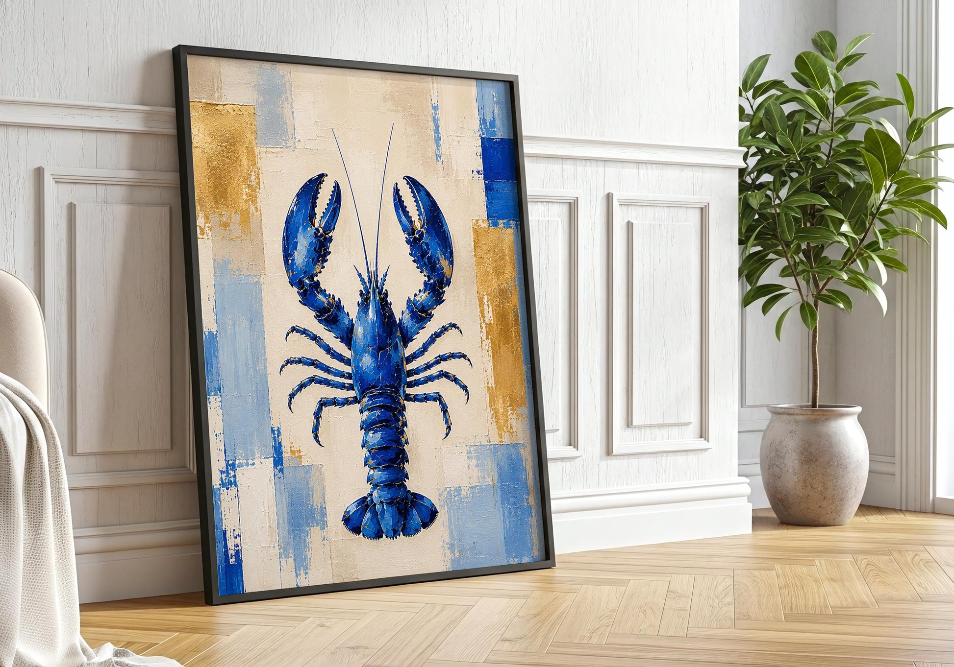 Coastal nautical artwork featuring a vibrant blue lobster