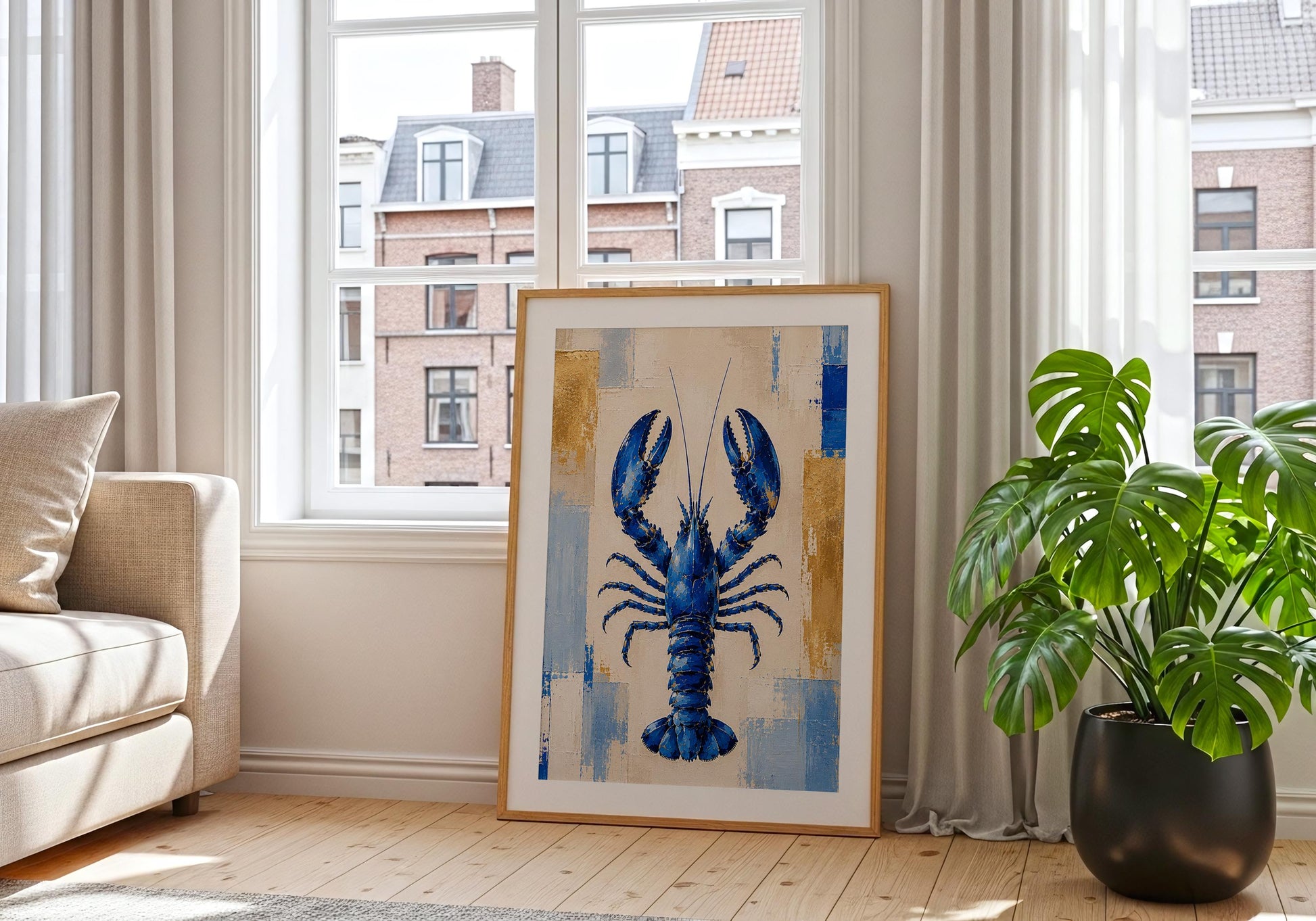 New England inspired lobster wall art in blue tones