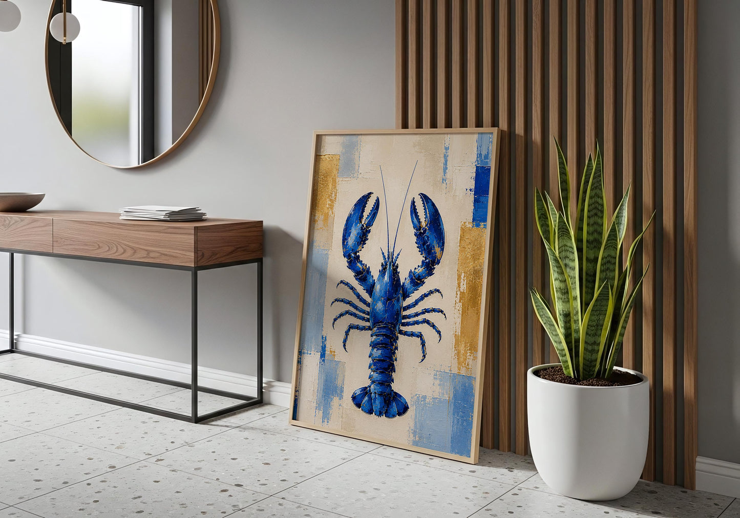 Abstract nautical decor with blue lobster centerpiece