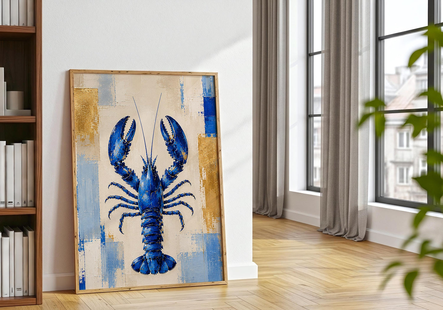 Coastal living room artwork featuring a blue lobster