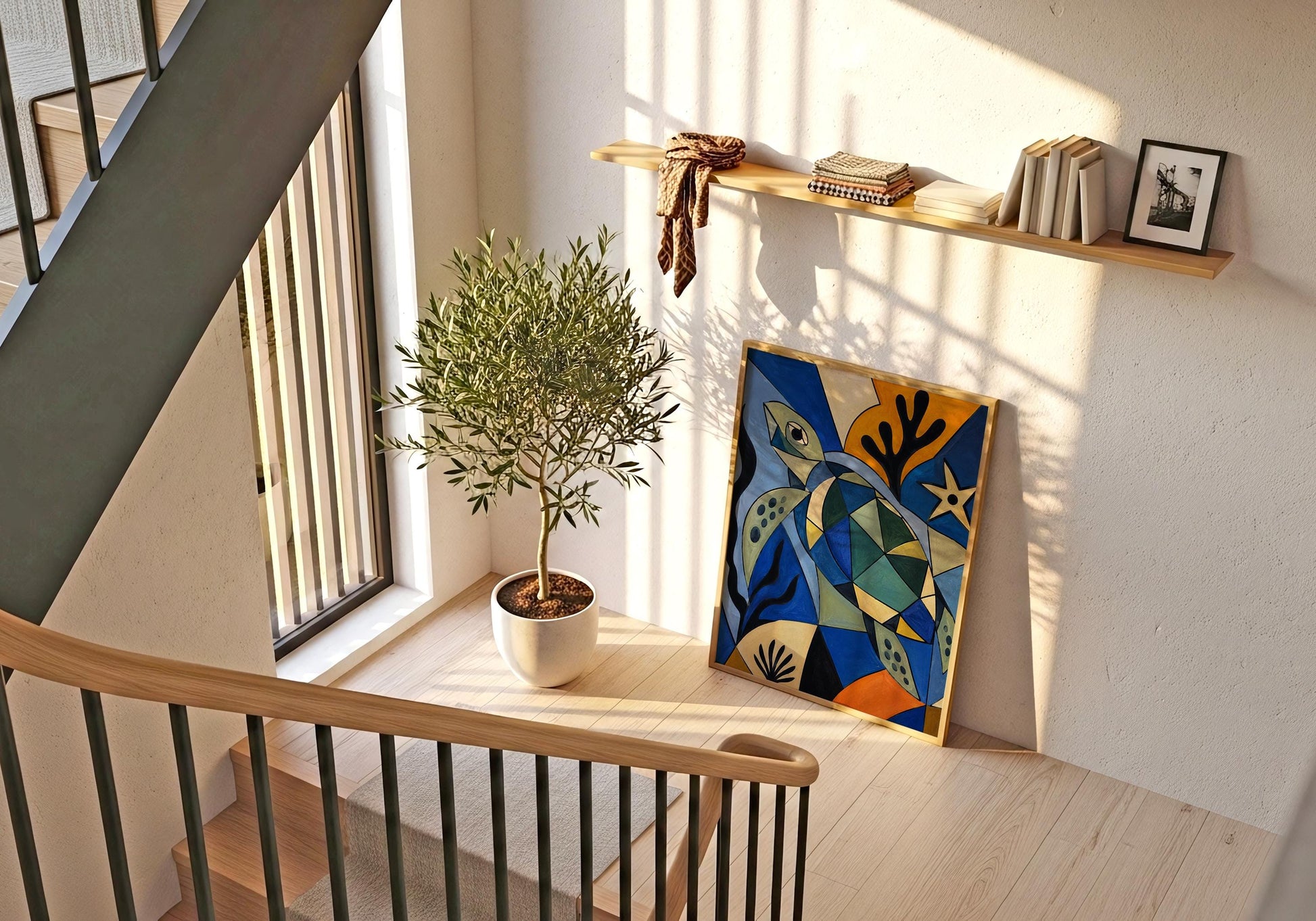 Ocean-inspired geometric turtle artwork with bold colours and abstract design for beach house decoration.