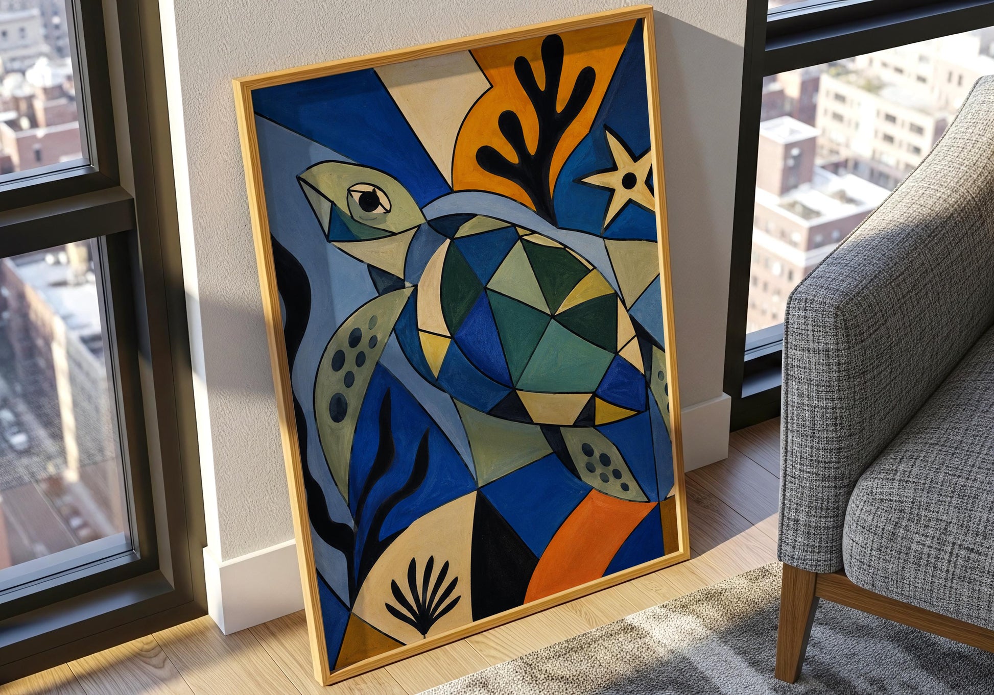 Sea turtle art print featuring modern geometric patterns and coastal colour palette for stylish home decor.