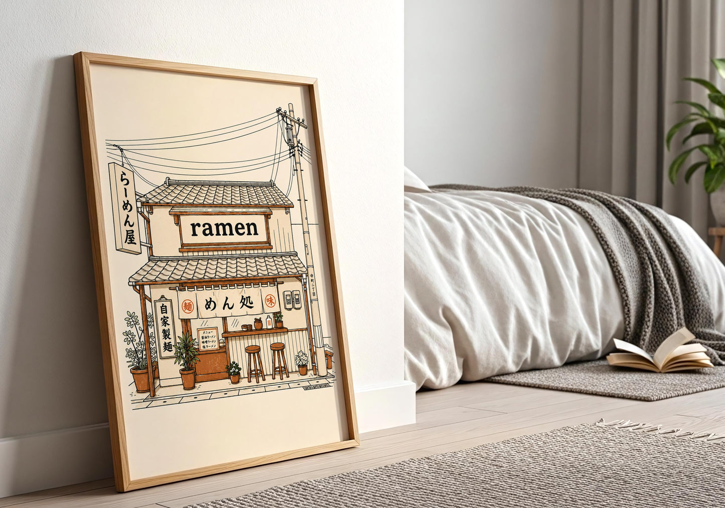 Neutral Japanese street art poster inspired by Tokyo ramen shops