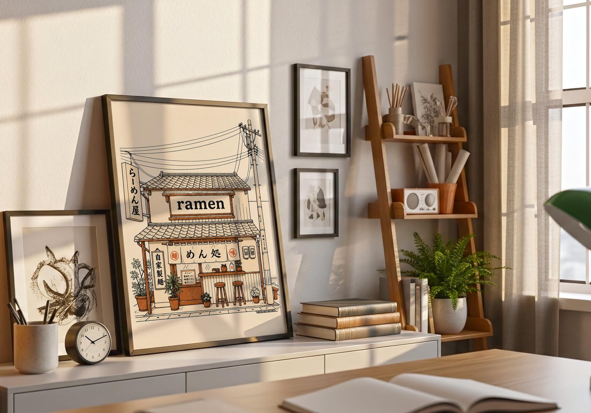 Hand drawn ramen shop print with warm beige and brown tones