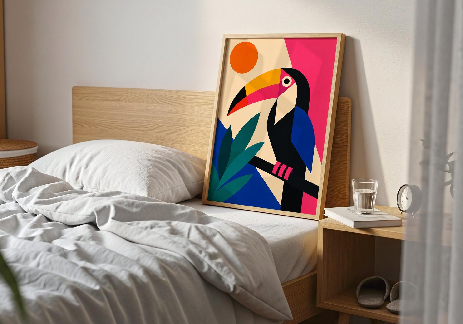 Modern bird wall art showing a colourful toucan perched among tropical leaves.