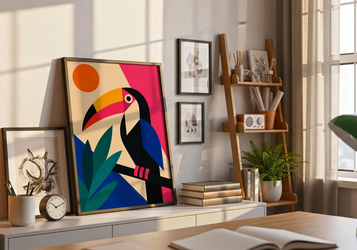 Geometric toucan print inspired by mid-century modern and tropical design aesthetics.