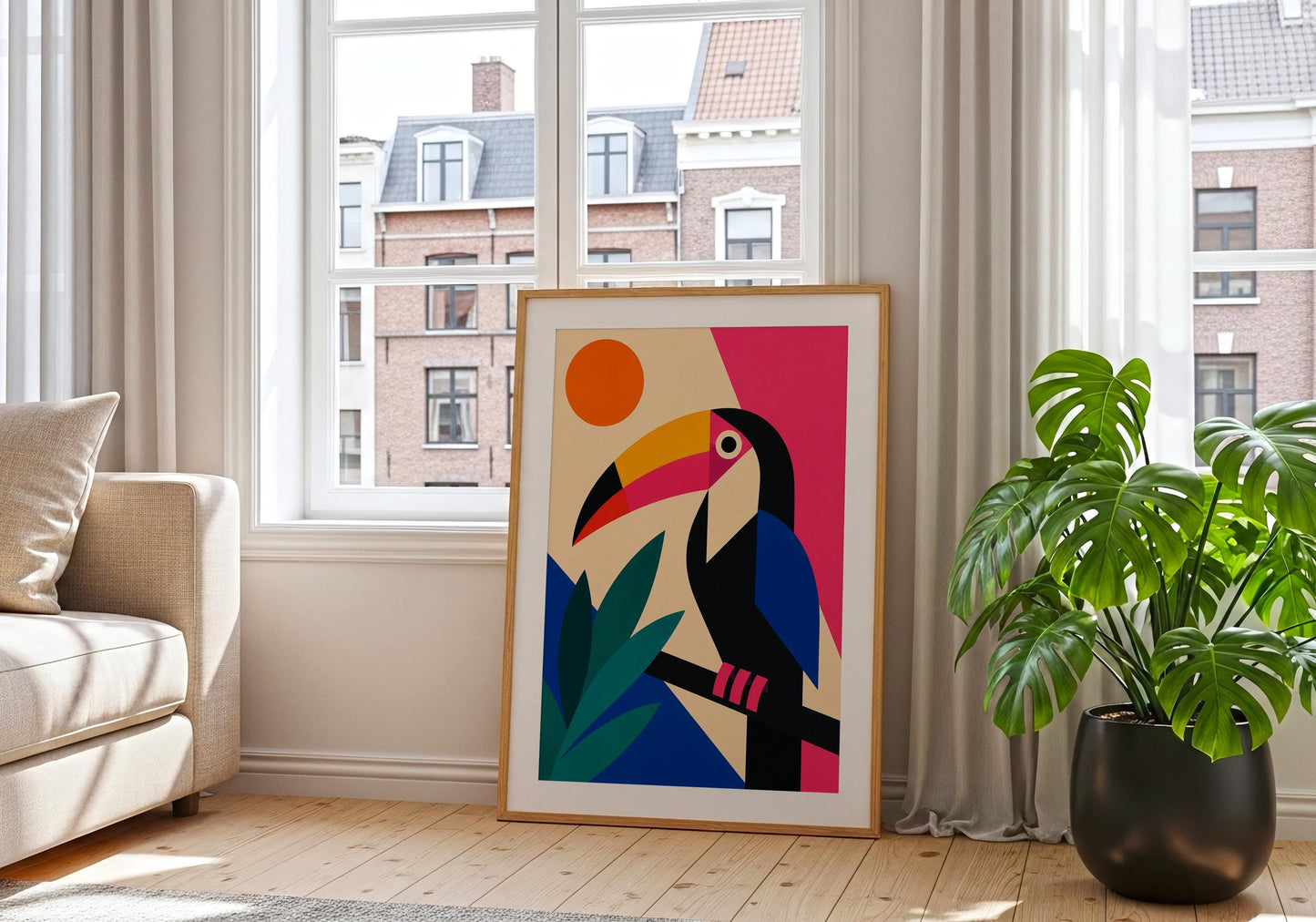 Toucan wall decor print featuring vibrant pink background and tropical botanical elements.