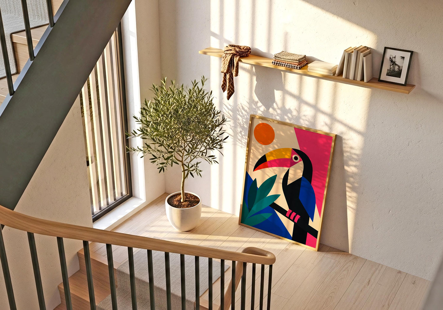 Modern jungle-inspired bird artwork perfect for living room, office or bedroom decor.