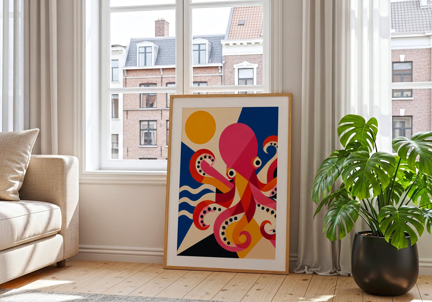 Coastal octopus wall decor with bold abstract shapes and ocean-inspired colour palette.