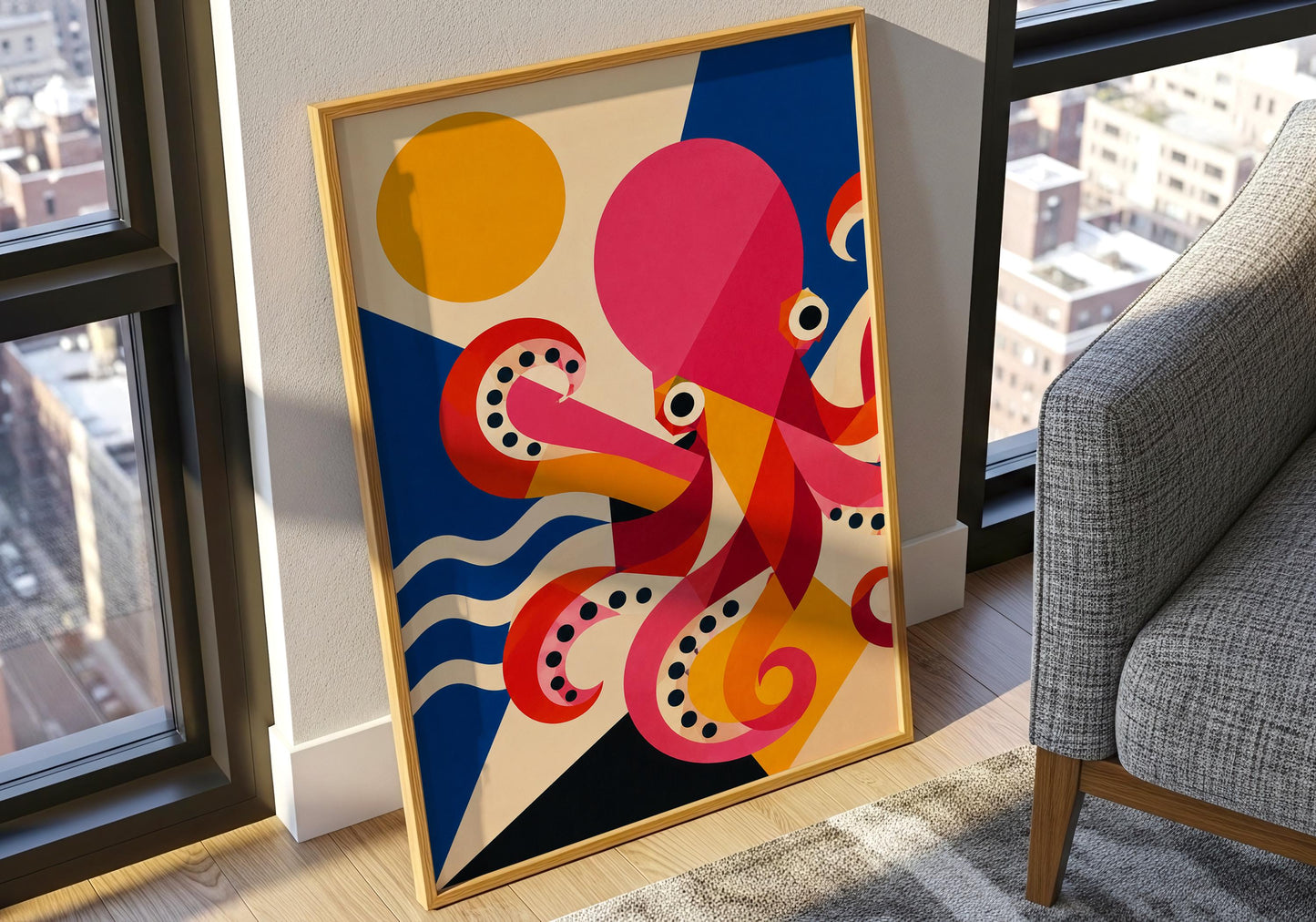 Vibrant marine life art print showcasing a geometric octopus in modern contemporary style.